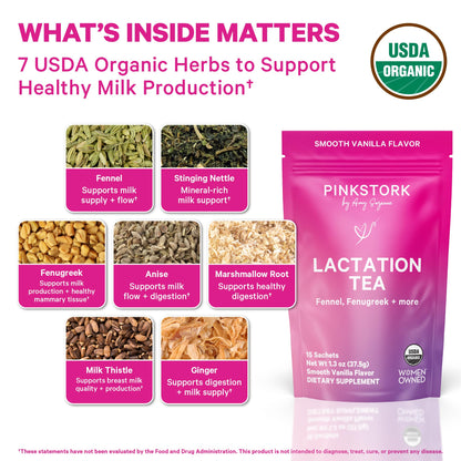 Pink Stork Organic Lactation Tea – Fenugreek, Fennel, Milk Thistle + More – Support for Breastfeeding, Pumping, Hydration, Milk Flow – Smooth Vanilla – 15 Sachets, Caffeine-Free - PrimeBioHealth - canada supplements