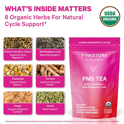 Pink Stork Organic PMS Tea for Hormone Balance, Mood Swings, Bloating, and Period Regularity - 8 Herbs - Vitex, Red Raspberry Leaf, Chamomile - Caffeine-Free - 15 Sachets, Hot or Iced - PrimeBioHealth - canada supplements