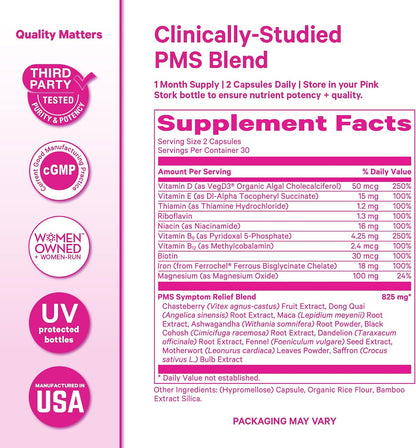Pink Stork PMS Supplement for Women - Vitex, Ashwagandha, Maca Root & 10 Vitamins & Minerals to Support Hormone Balance, Mood, Bloating, Period Regularity - 60 Capsules - PrimeBioHealth - canada supplements