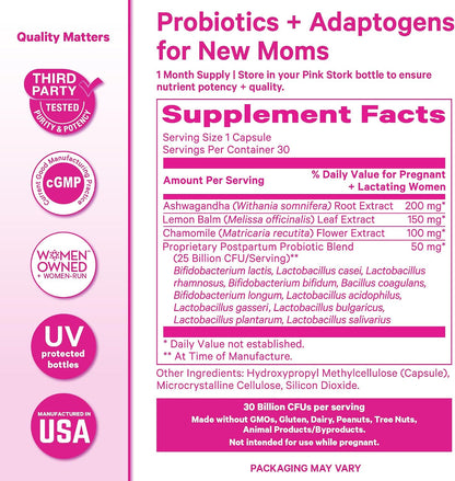 Pink Stork Probiotics for Postnatal Women - 30 Billion CFUS with Ashwagandha and Chamomile, Postpartum Essentials for Hormone Balance, Mood Support, Gut Health, Digestive Wellness, 30 Capsules - PrimeBioHealth - canada supplements
