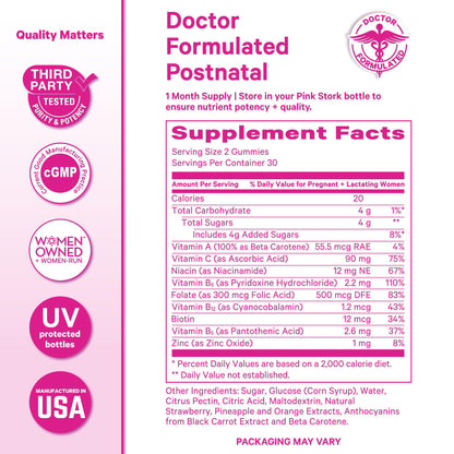 Pink Stork Total Postnatal Vitamin Gummies - Multivitamin for Postpartum Recovery and Lactation Support - Folic Acid, B6, and Vitamin C - PrimeBioHealth - canada supplements