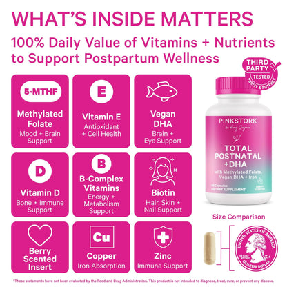 Pink Stork Total Postnatal Vitamins for Women | Vegan DHA, Iron, Folate, B12 | Postpartum Recovery Essentials | Lactation Support for Breastfeeding Moms - PrimeBioHealth - canada supplements