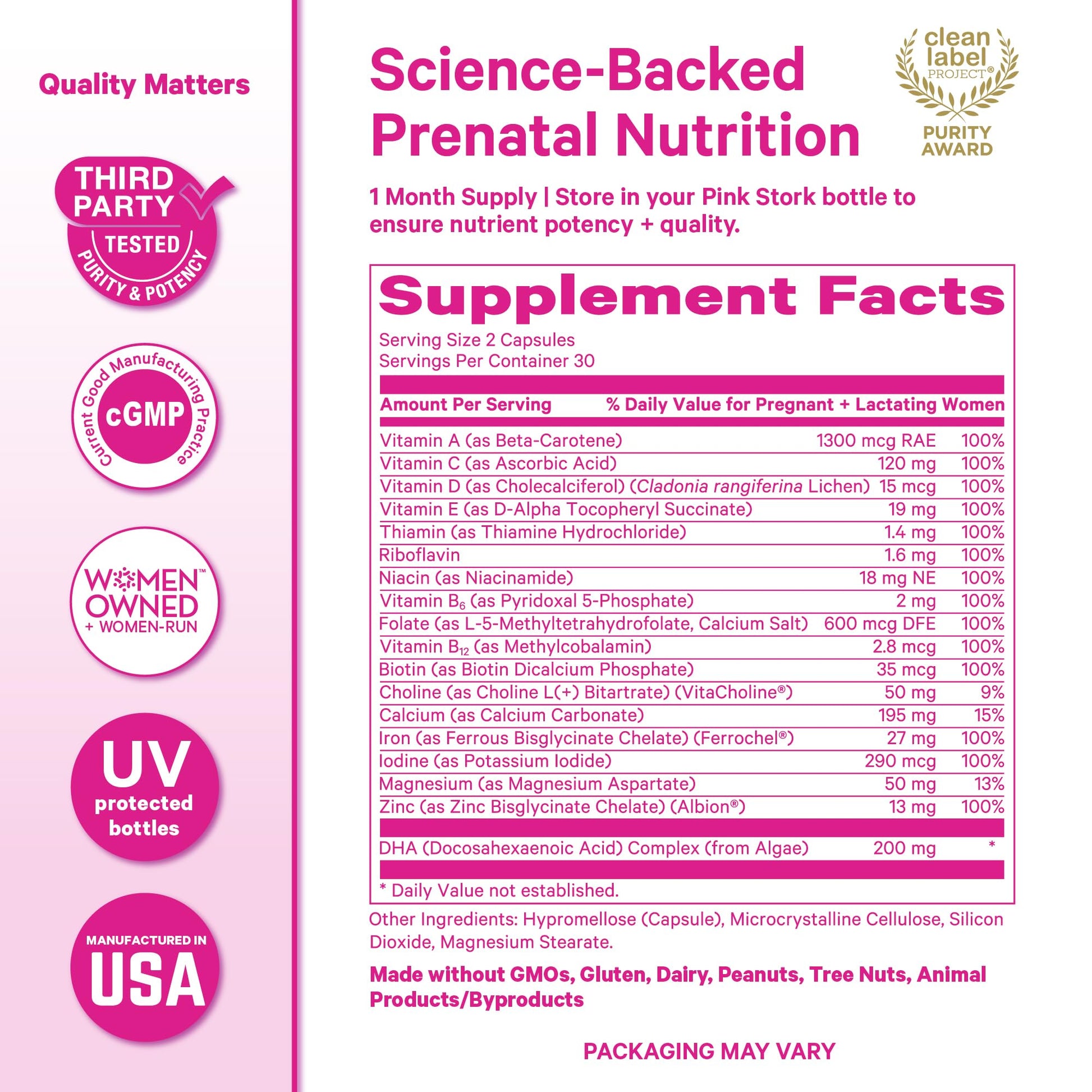 Pink Stork Total Prenatal Vitamins with DHA, Folate, Iron, Choline, and Vitamin B12 - Prenatals for Women to Support Fetal Development, Pregnancy Essentials - PrimeBioHealth - canada supplements