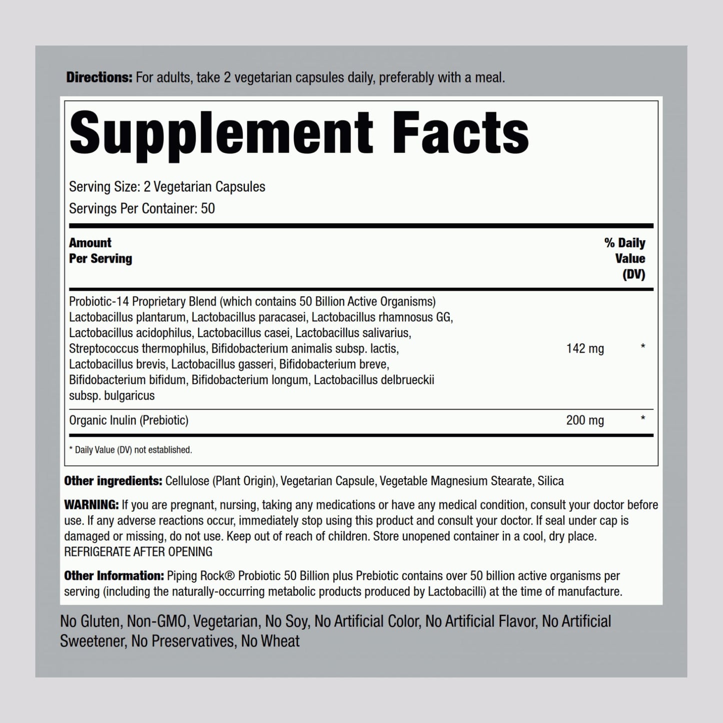 Piping Rock Probiotic and Prebiotic for Women and Men | 50 Billion CFU | 100 Capsules | Ultimate 14 Strain Supplement | Vegetarian, Non-GMO, Gluten Free - PrimeBioHealth - canada supplements