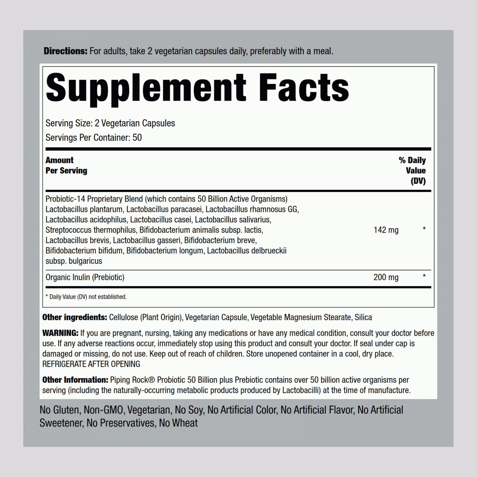 Piping Rock Probiotic and Prebiotic for Women and Men | 50 Billion CFU | 100 Capsules | Ultimate 14 Strain Supplement | Vegetarian, Non-GMO, Gluten Free - PrimeBioHealth - canada supplements