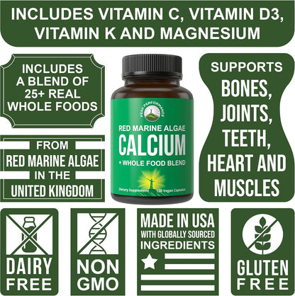 Plant Based Calcium - Red Marine Algae Calcium Supplement with Vitamin C, D3, K, Magnesium, and Whole Food Vegetable Blend. Vegan Capsules for Bones and Joints. 120 Pills, Tablets - PrimeBioHealth - canada supplements