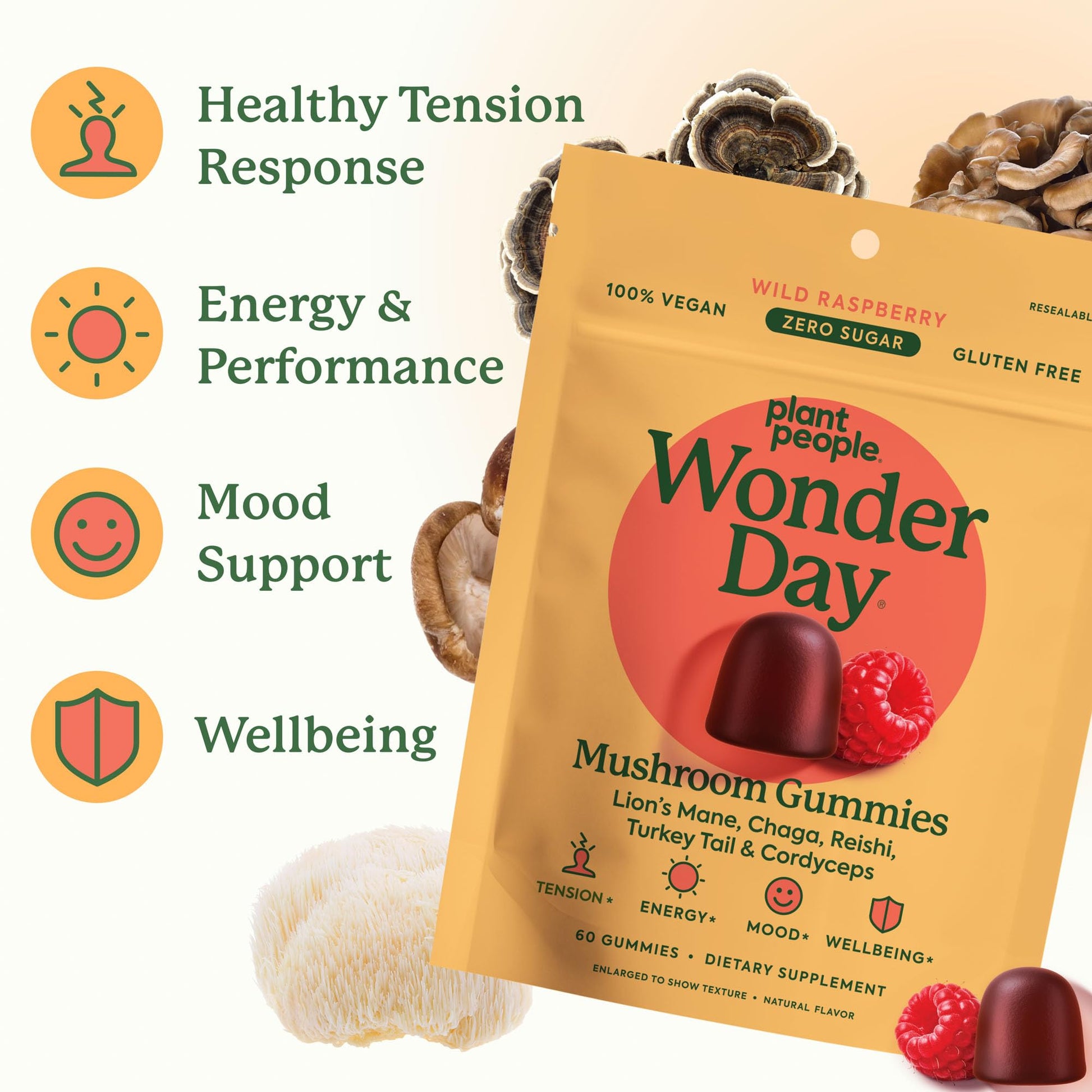 Plant People WonderDay Mushroom Gummies - Lion’s Mane, Cordyceps, Chaga Mushroom Supplement to Support Immune System De-Stress Boost Mood & Energy in Adults Natural - PrimeBioHealth - canada supplements