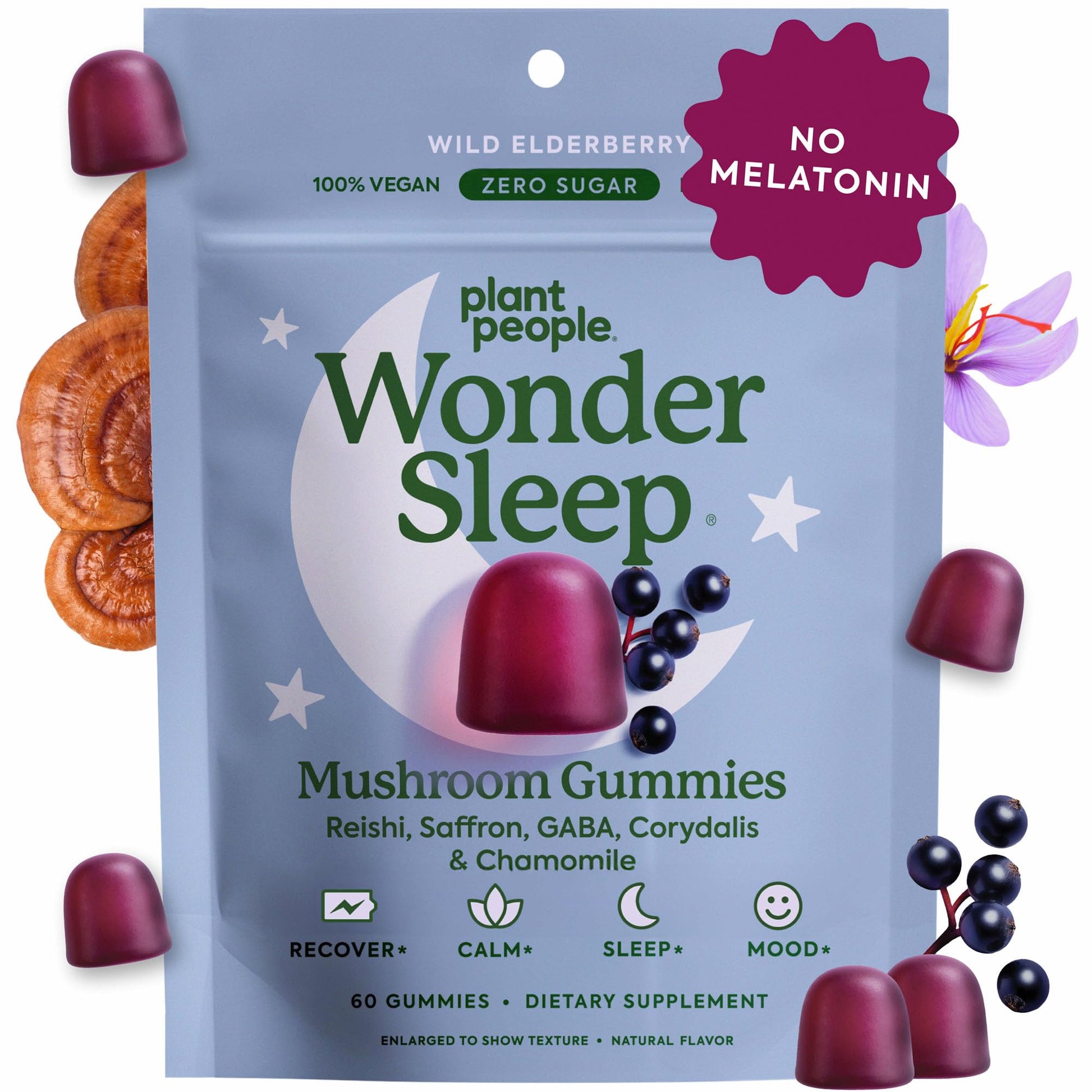 Plant People WonderSleep Mushroom Gummies Supplement for Sleep, No Melatonin with Reishi Super Mushrooms, Wild Elderberry Flavor, Sugar-Free (60 Count) - PrimeBioHealth - canada supplements