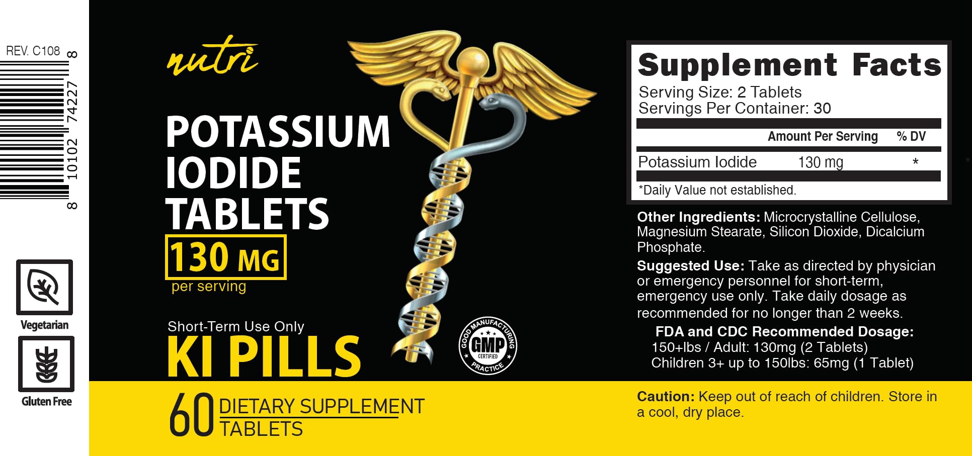 Potassium Iodide Tablets 130 mg - (60 Tablets) 10 Year Shelf-Life EXP 2034 to 2035 - Ki Pills - Yoduro de potasio - Nutri Supplements - 3rd Party Tested - PrimeBioHealth - canada supplements
