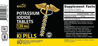 Potassium Iodide Tablets 130 mg - (60 Tablets) 10 Year Shelf-Life EXP 2034 to 2035 - Ki Pills - Yoduro de potasio - Nutri Supplements - 3rd Party Tested - PrimeBioHealth - canada supplements