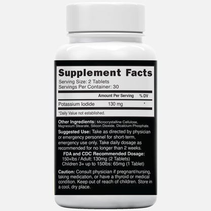 Potassium Iodide Tablets 130 mg (Pack of 2) - (120 Tablets) 10 Year Shelf-Life EXP 2034 to 2035 - Ki Pills - Yoduro de potasio - Nutri Supplements - PrimeBioHealth - canada supplements