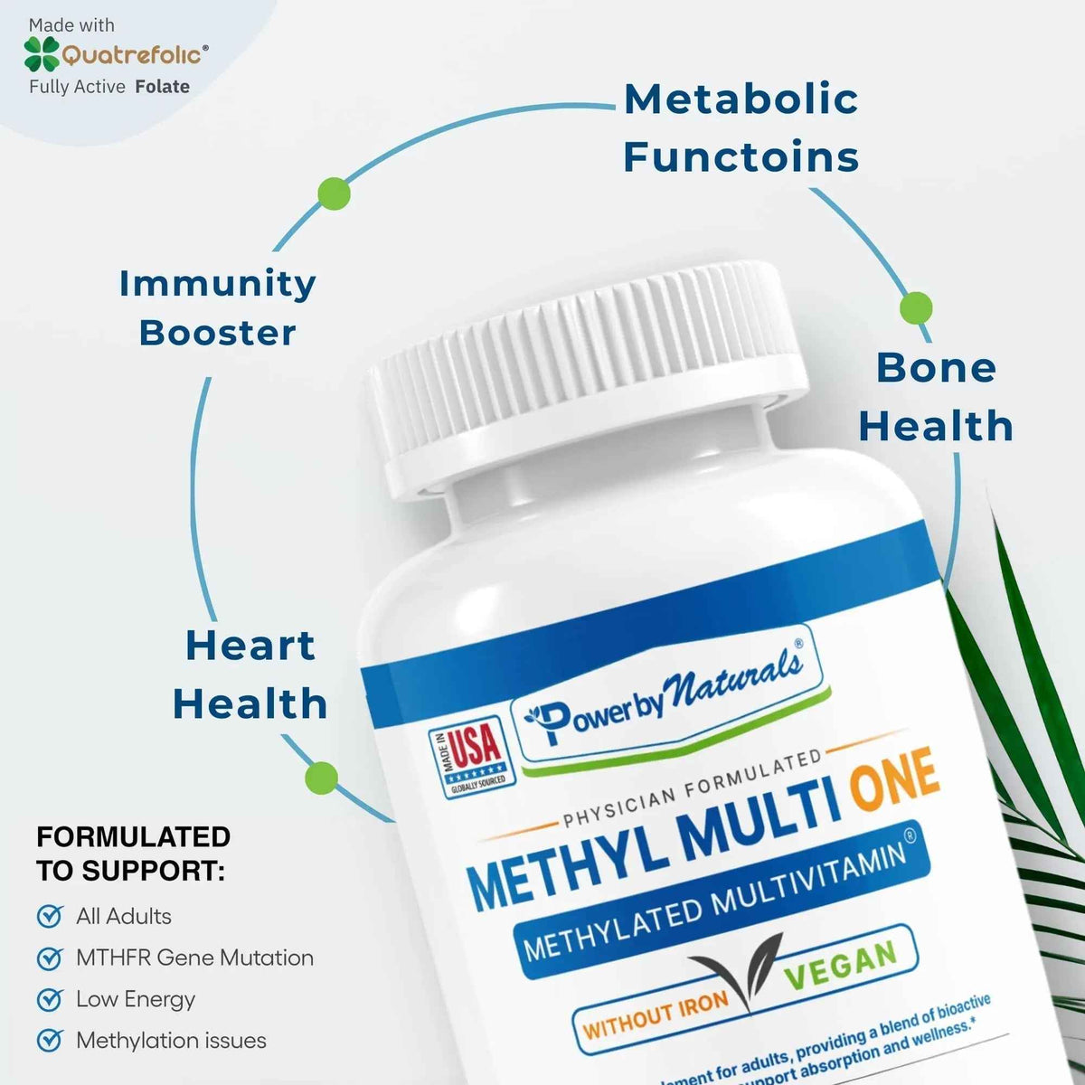 Power By Naturals Methyl Multi One - Iron-Free Methylated Multivitamin with Quatrefolic 5-MTHF, Active B12, P5P, CoQ10 & Zinc for MTHFR Support