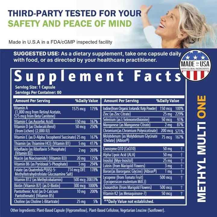 Power By Naturals Methyl Multi One - Iron-Free Methylated Multivitamin with Quatrefolic 5-MTHF, Active B12, P5P, CoQ10 & Zinc for MTHFR Support