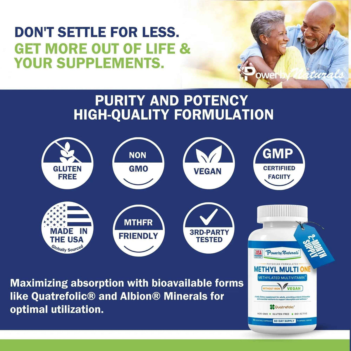 Power By Naturals Methyl Multi One - Iron-Free Methylated Multivitamin with Quatrefolic 5-MTHF, Active B12, P5P, CoQ10 & Zinc for MTHFR Support