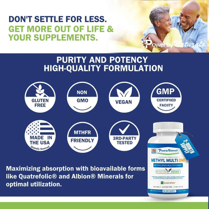 Power By Naturals Methyl Multi One - Iron-Free Methylated Multivitamin with Quatrefolic 5-MTHF, Active B12, P5P, CoQ10 & Zinc for MTHFR Support