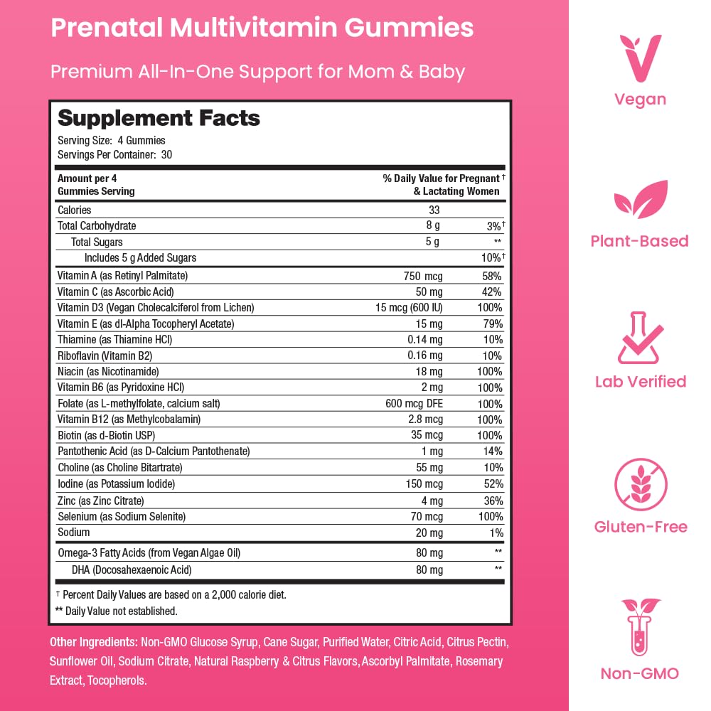 Prenatal Vitamin Gummies with DHA | Vegan Prenatal Vitamins for Women with Omega 3, Methylfolate, Choline & D3, Pregnancy Vitamins for Fetal Development - PrimeBioHealth - canada supplements