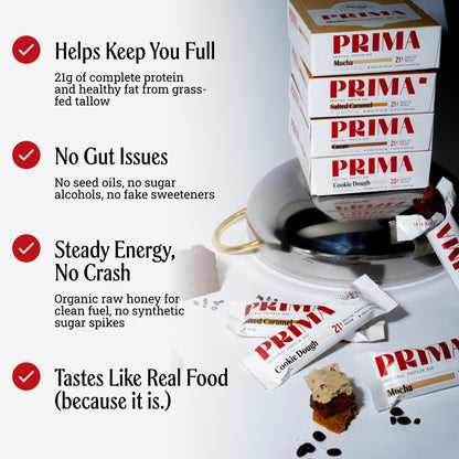 PRIMA Cookie Dough Protein Bar | 21g Grass Fed Whey and Collagen | No Seed Oils, No Preservatives, Raw Honey Sweetened | 7 Pack - PrimeBioHealth - canada supplements