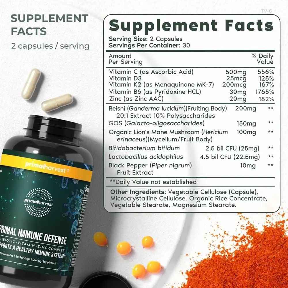 Primal Harvest Immune Defense 10-in-1 Supplement with Probiotics, Zinc, and Vitamins C, D3, K2, B6 Daily Immune Support for Adults