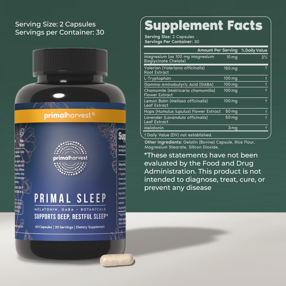 Primal Harvest Primal Sleep Support Supplement for Adults with Melatonin, GABA, Valerian Root, L-Tryptophan, Magnesium Bisglycinate Chelate - PrimeBioHealth - canada supplements