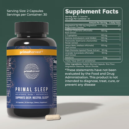 Primal Harvest Primal Sleep Support Supplement for Adults with Melatonin, GABA, Valerian Root, L-Tryptophan, Magnesium Bisglycinate Chelate - PrimeBioHealth - canada supplements