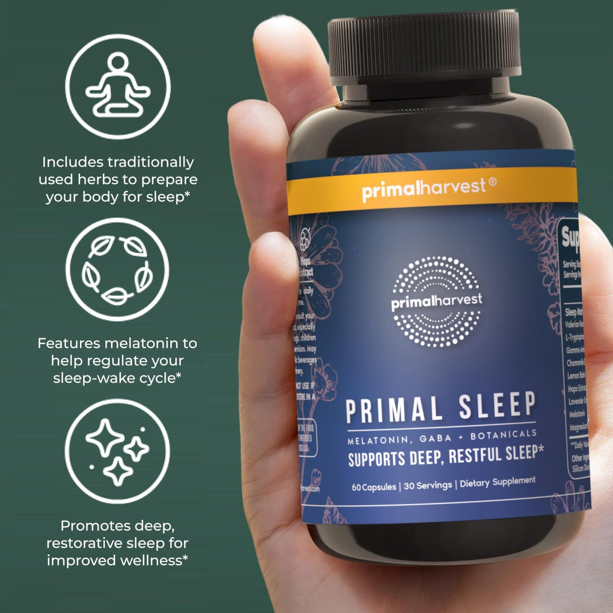 Primal Harvest Primal Sleep Support Supplement for Adults with Melatonin, GABA, Valerian Root, L-Tryptophan, Magnesium Bisglycinate Chelate - PrimeBioHealth - canada supplements