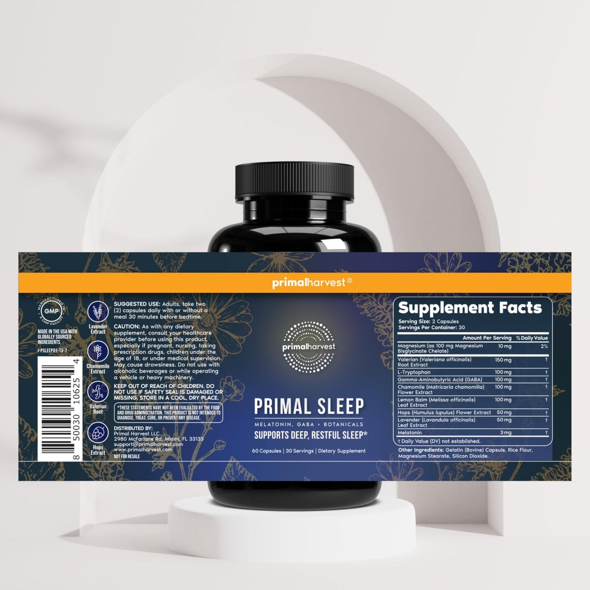 Primal Harvest Primal Sleep Support Supplement for Adults with Melatonin, GABA, Valerian Root, L-Tryptophan, Magnesium Bisglycinate Chelate - PrimeBioHealth - canada supplements