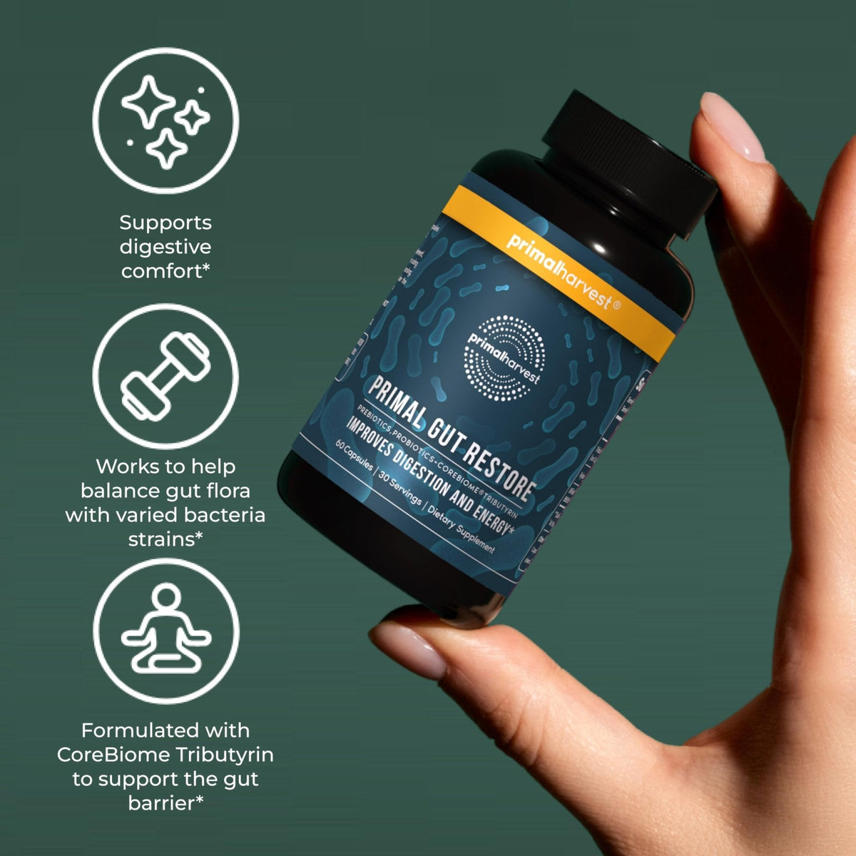 Primal Harvest Restore for Gut Health, Primal Gut Restore w/POSTbiotics, PREbiotics and PRObiotics for Women and Men, 60 CT - Digestion, Colon Cleanse, - PrimeBioHealth - canada supplements