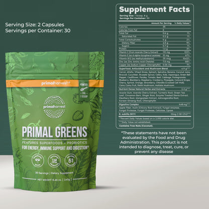 Primal Harvest Super Greens Powder, 30 Servings w/+50 Greens Superfood Chlorella, Probiotics, Green Tea, Wheatgrass, - PrimeBioHealth - canada supplements