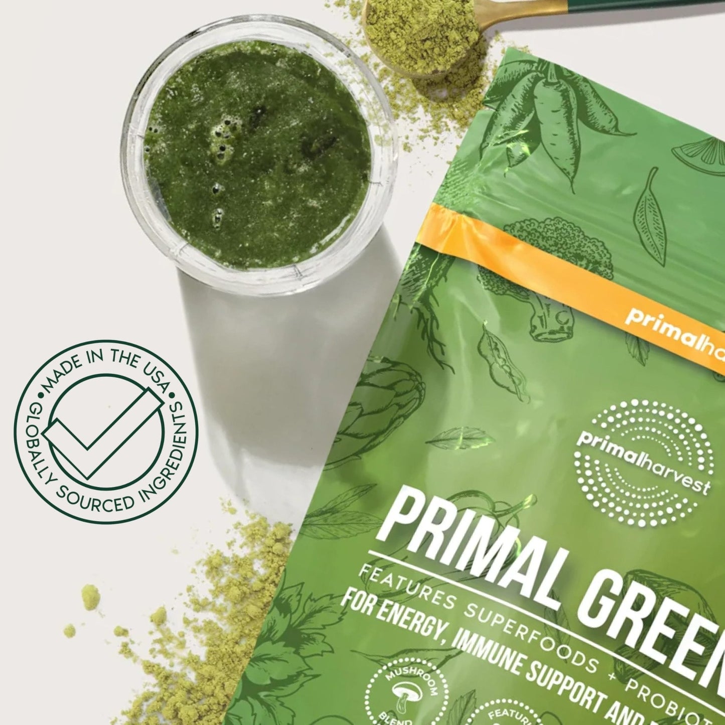 Primal Harvest Super Greens Powder, 30 Servings w/+50 Greens Superfood Chlorella, Probiotics, Green Tea, Wheatgrass, - PrimeBioHealth - canada supplements