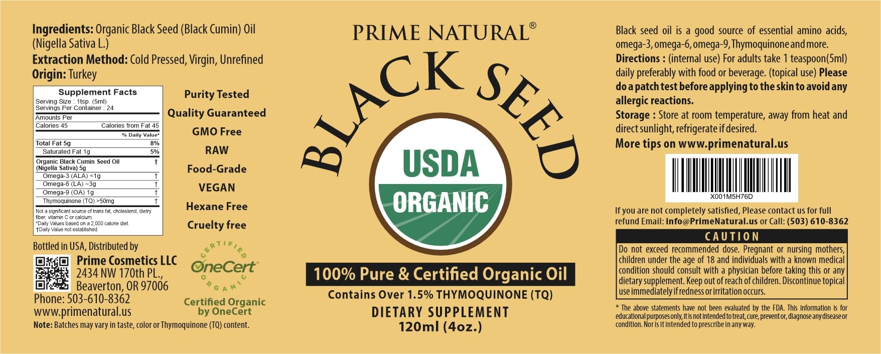 Prime Natural Organic Black Seed Oil 4oz - Cold Pressed Unrefined High Thymoquinone 1.7% USDA Certified - Turkish Origin Potent Nigella Sativa Liquid - PrimeBioHealth - canada supplements