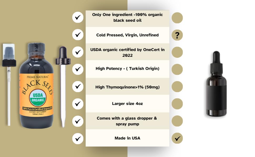 Prime Natural Organic Black Seed Oil 4oz - Cold Pressed Unrefined High Thymoquinone 1.7% USDA Certified - Turkish Origin Potent Nigella Sativa Liquid - PrimeBioHealth - canada supplements