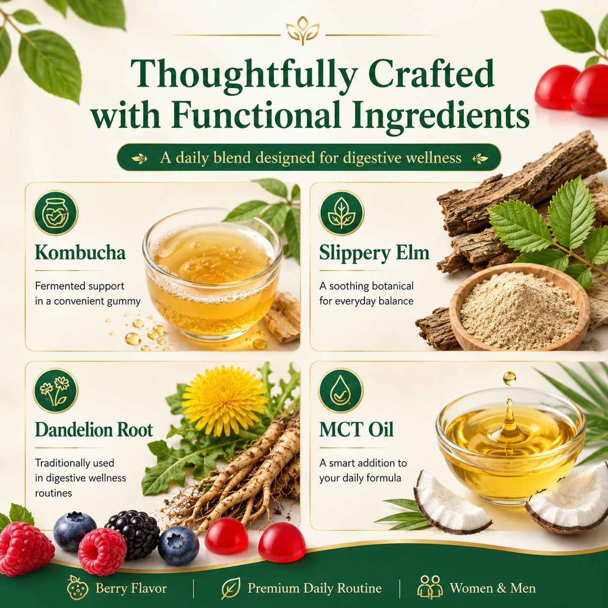 PRIMEHAVEN Probiotic Kombucha Gummies - Prebiotics, Probiotics, Postbiotics, Fiber Supplement, Slippery Elm, Dandelion Root, for Bloating, Gut Health - PrimeBioHealth - canada supplements