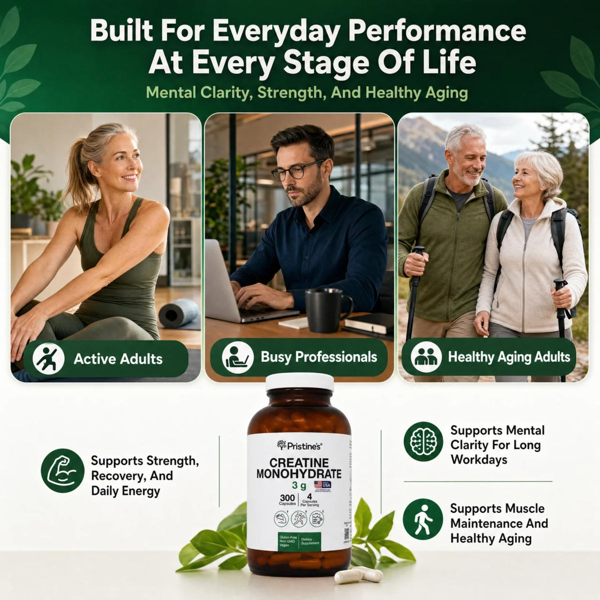 PRISTINE'S Creatine Monohydrate Capsules for Women & Men - NSF Certified 75 Day Supply 3G Creatine Pills for Women - Cognitive & Athletic Performance Support - PrimeBioHealth - canada supplements