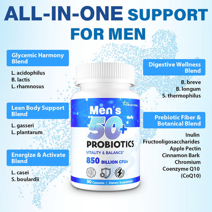 Probiotics for Men, Advanced 50+ Mens Probiotic, Comprehensive Gut & Energy Support with 850 Billion CFU, 1800mg Prebiotics Fiber – Tailored Wellness mens probiotics - PrimeBioHealth - canada supplements