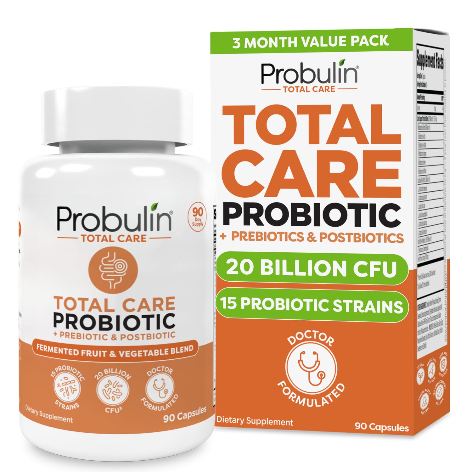 Probulin Total Care Probiotic Supplement, Daily Gut, Digestive, and Immune Health Probiotics Capsules for Men and Women, 20 Billion CFU, Vegan, 90 Count Bottle - PrimeBioHealth - canada supplements