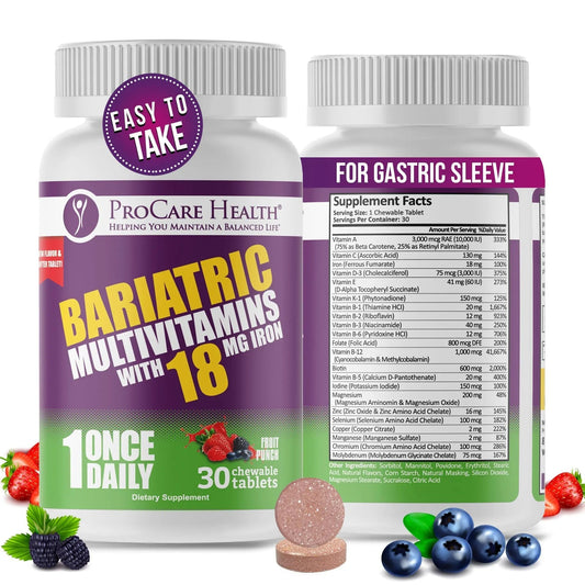 ProCare Health Bariatric Chewable Multivitamin with Iron 18mg (30 Tablets) - Fruit Punch Flavor Bariatric Multivitamin Chewable - PrimeBioHealth - canada supplements