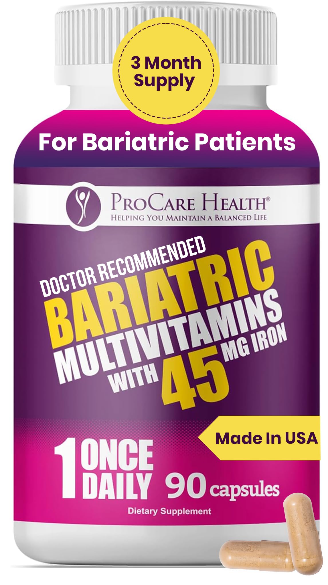 ProCare Health Bariatric Multivitamin 45mg Iron – Once Daily Capsule for Gastric Bypass, Sleeve & Post-Op Support – 90 Easy-to-Swallow Capsules - PrimeBioHealth - canada supplements