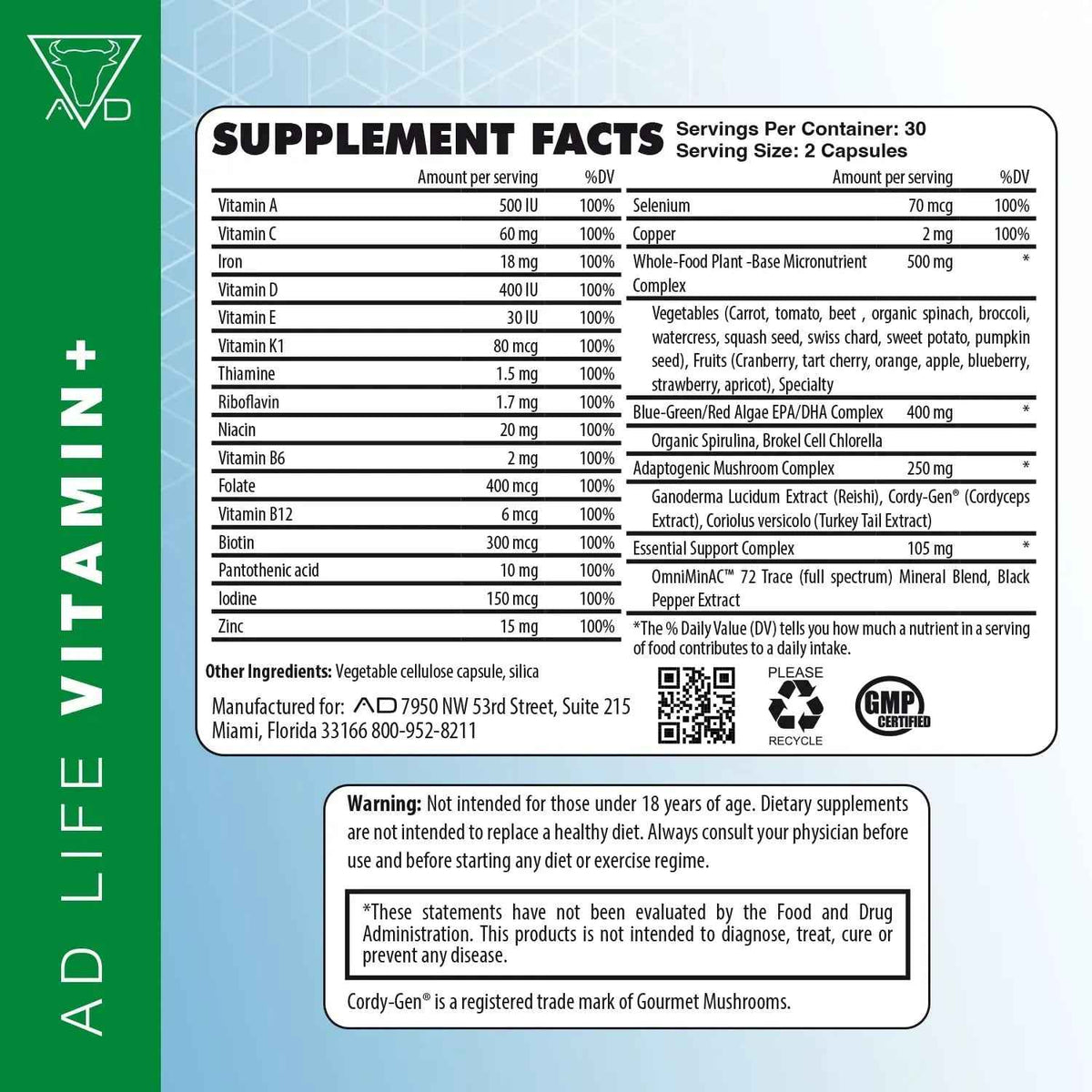 Project AD Vitamin+ Multimineral Multivitamin Supplement Complete Antioxidant, Energy & Immune Support. (60 Servings)