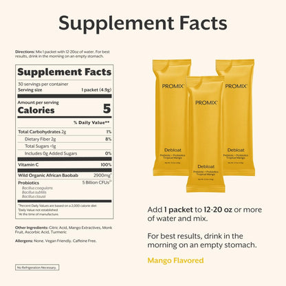 ProMix Nutrition Debloat Prebiotics and Probiotics Immune Support Supplement for Digestion, Cortisol Health, Gut Cleanse - Mango - 30 Servings (Pack of 30) - PrimeBioHealth - canada supplements
