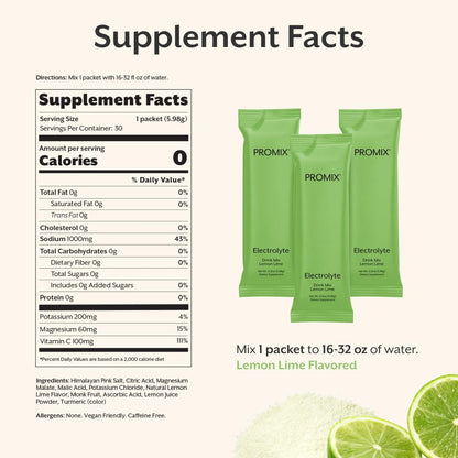 ProMix Nutrition Electrolytes Powder Hydration Packets - Himalayan Pink Salt, Magnesium, Potassium, Vitamin C - Lemon Lime, Lightly Sweetened - PrimeBioHealth - canada supplements