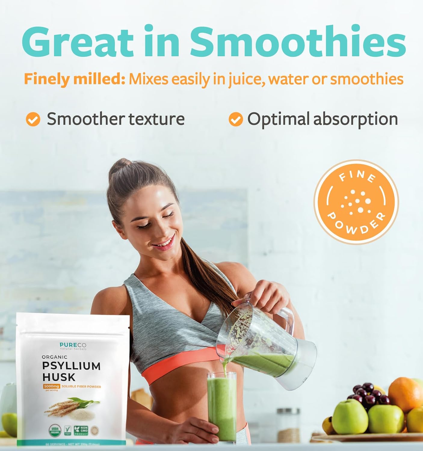 Psyllium Husk Powder Organic Certified - Finely Ground Whole Psyllium Husk Organic Fiber Powder for Baking Smoothies & More - Vegan Gluten Free Non-GMO & Filler Free Soluble Fiber (66 Servings) - PrimeBioHealth - canada supplements
