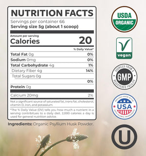 Psyllium Husk Powder Organic Certified - Finely Ground Whole Psyllium Husk Organic Fiber Powder for Baking Smoothies & More - Vegan Gluten Free Non-GMO & Filler Free Soluble Fiber (66 Servings) - PrimeBioHealth - canada supplements