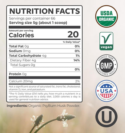 Psyllium Husk Powder Organic Certified - Finely Ground Whole Psyllium Husk Organic Fiber Powder for Baking Smoothies & More - Vegan Gluten Free Non-GMO & Filler Free Soluble Fiber (66 Servings) - PrimeBioHealth - canada supplements