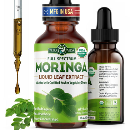 PURA VIDA MORINGA Leaf Extract Liquid Drops - USDA Organic Certified - Highly Purified, Bioavailable & Faster Absorption than Moringa Powder or Capsules - PrimeBioHealth - canada supplements