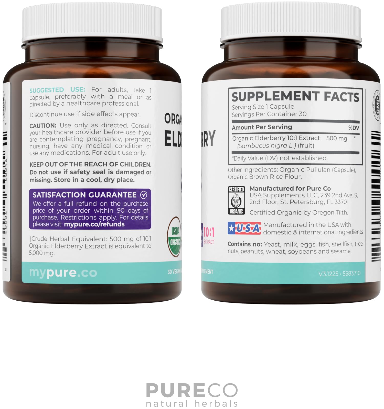 PURE CO Organic Elderberry 10:1 Extract 500mg Per 1 Capsule Serving - Vegan Black Elderberry Supplement for Immune Support, Allergy, Sinus Relief - Sambucus Nigra - 30 Caps - PrimeBioHealth - canada supplements