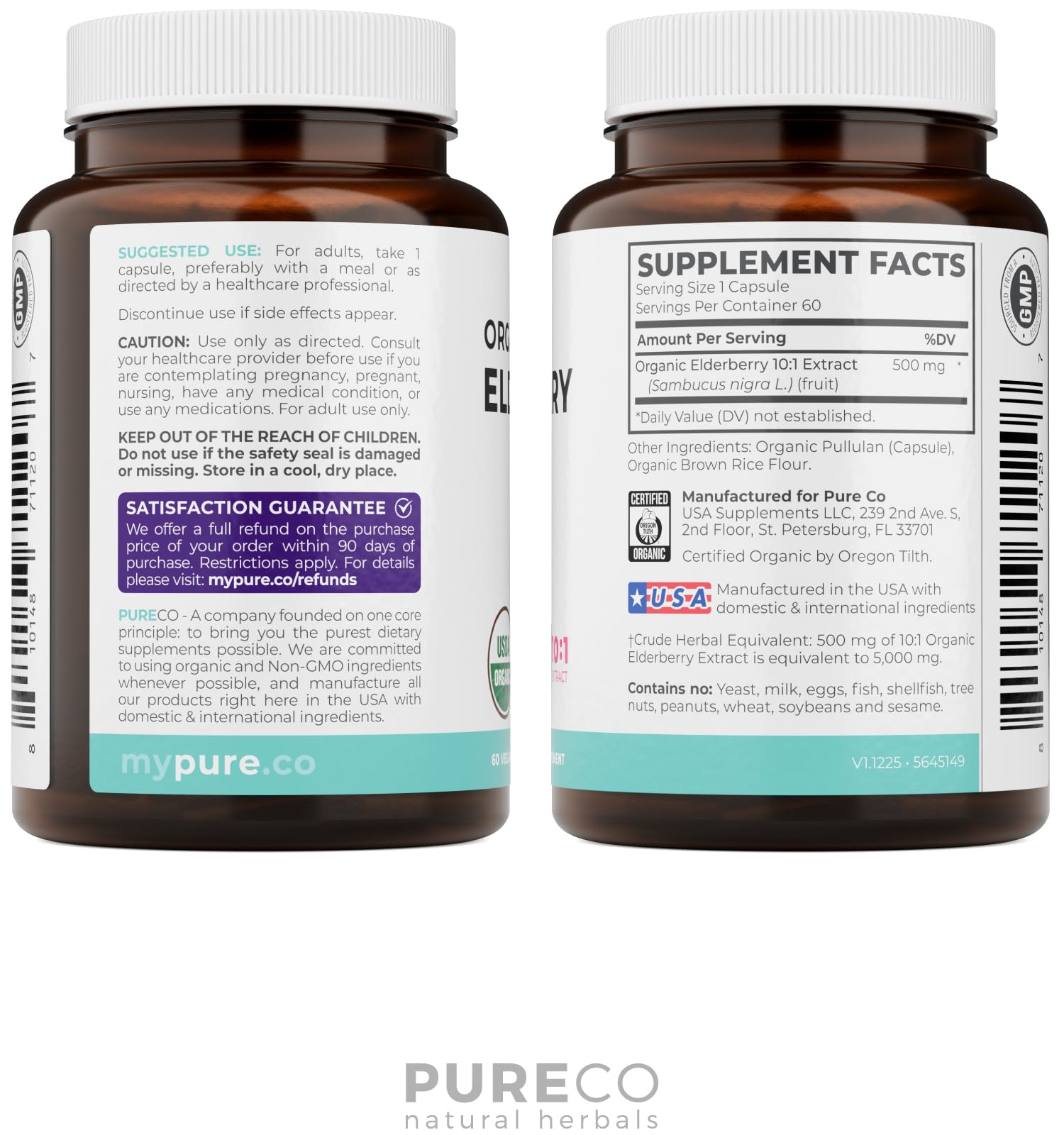 PURE CO Organic Elderberry 10:1 Extract 500mg Per 1 Capsule Serving - Vegan Black Elderberry Supplement for Immune Support, Allergy, Sinus Relief - Sambucus Nigra - 30 Caps - PrimeBioHealth - canada supplements