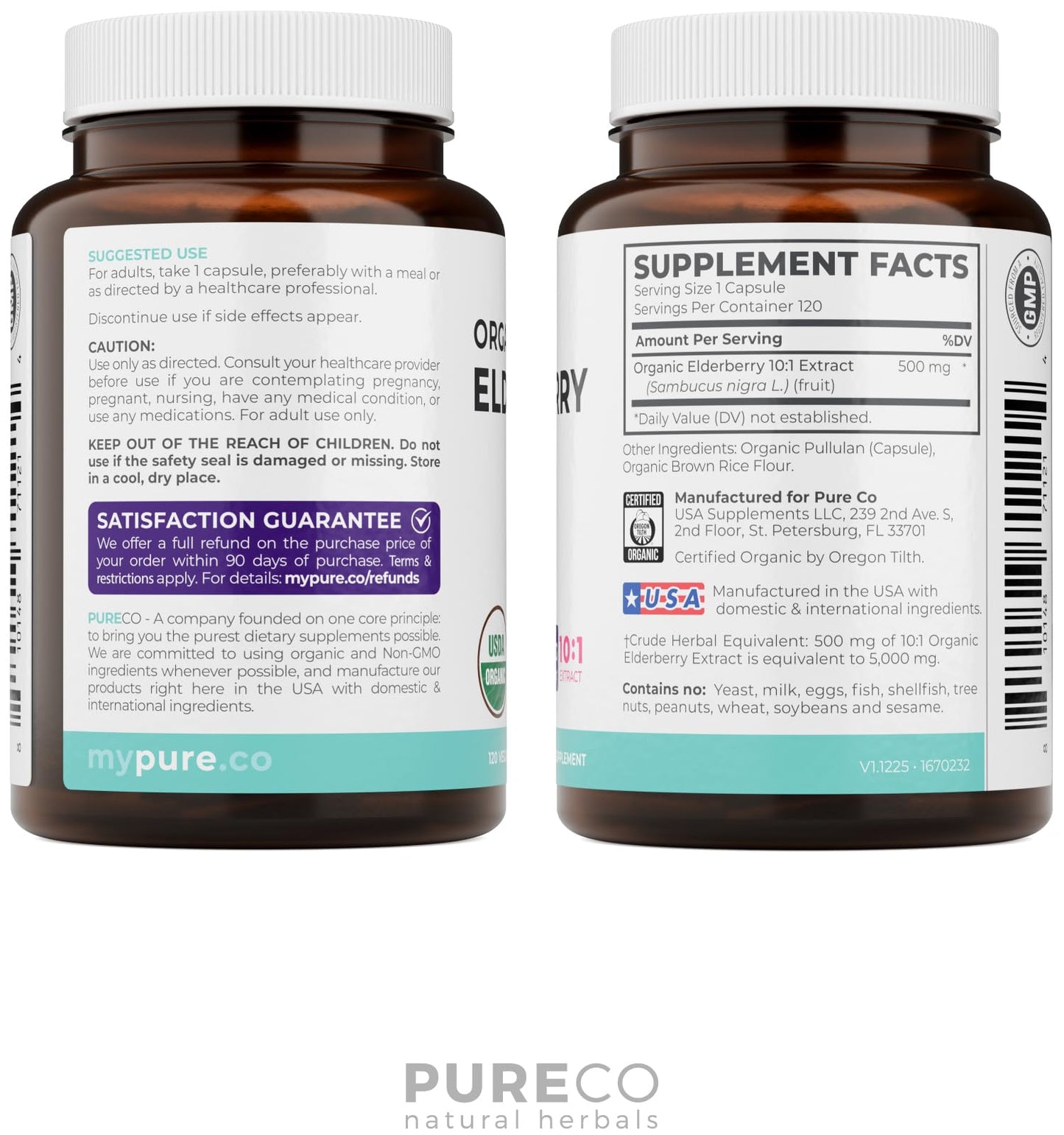 PURE CO Organic Elderberry 10:1 Extract 500mg Per 1 Capsule Serving - Vegan Black Elderberry Supplement for Immune Support, Allergy, Sinus Relief - Sambucus Nigra - 30 Caps - PrimeBioHealth - canada supplements