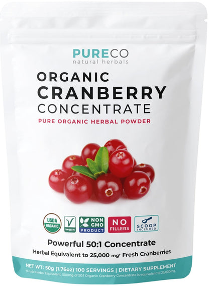 PURE CO USDA Organic Cranberry Concentrate Powder - Organic Cranberry Powder 500mg 50:1 Extract Per 1 Scoop Serving - Kidney Cleanse & Urinary Tract Support for Women - 100 Servings - PrimeBioHealth - canada supplements