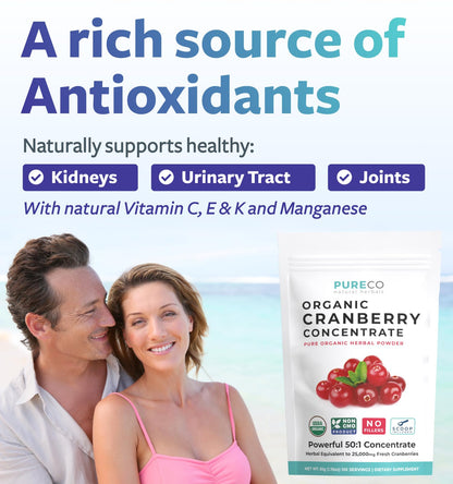 PURE CO USDA Organic Cranberry Concentrate Powder - Organic Cranberry Powder 500mg 50:1 Extract Per 1 Scoop Serving - Kidney Cleanse & Urinary Tract Support for Women - 100 Servings - PrimeBioHealth - canada supplements