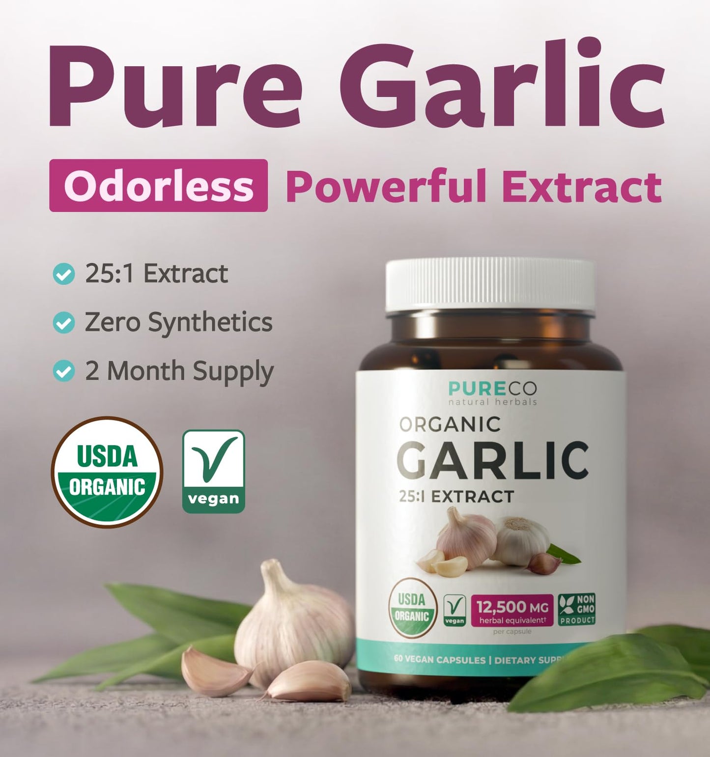 PURE CO USDA Organic Garlic Supplement - High Potency 25:1 Garlic Extract with 12,500mg Herbal Equivalent Strength for Immune & Heart Support - Odorless Vegan & Non-GMO (4 Month Supply) - PrimeBioHealth - canada supplements